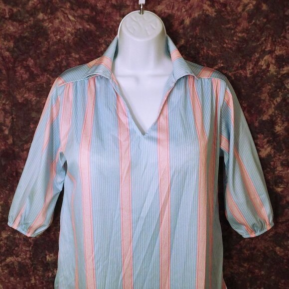 Vintage 70s Randon USA-Made Striped Knit Top Tunic Lady-(36) V-Collar Puffy SSL - Picture 2 of 10